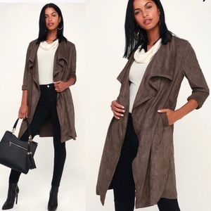 Lulu’s | Brown Vegan Suede Trench Jacket EUC